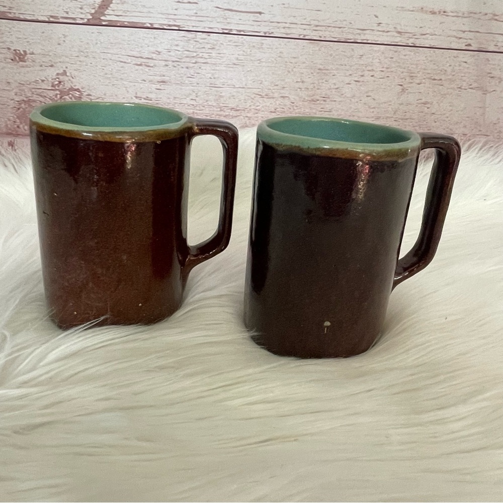 Handmade Stoneware Glazed COFFEE CUPS MUGS  Turquoise & Brown Pottery